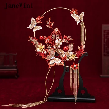 JaneVini 2020 Cel Mai Nou Designer Chinez Mireasa Mână Buchete Fanii Handmade Red Metal Fluture Flori De Nunta Bijuterii Accesorii