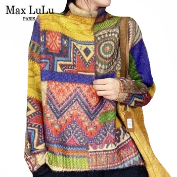 Max LuLu 2020 Coreene Noi, Femeile Guler Haine Femei Vrac Pulovere Tricotate Cald Vintage Imprimate Casual, Pulovere Supradimensionate