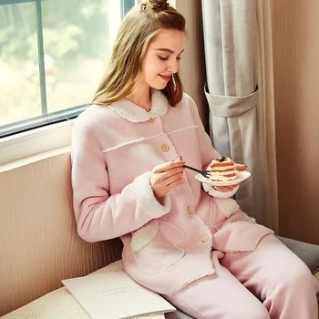 Miel cașmir cu Mâneci Lungi Pantaloni Femei Seturi de Pijama de culoare solidă rever Cald îngroșa Femei Costum 2020 Moda de Iarnă Sleepwear