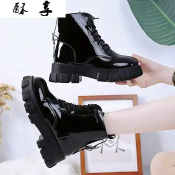 Runda Toe Med Cizme cu Toc Pantofi Femei Cizme de Toamna-femei Botine Femei Dantelă-Up de Lux de Designer Lolita Negru 2020 Cauciuc Plat