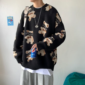 ZAZOMDE Crewneck Tricou Barbati 2021 Urs Print Supradimensionat Japoneză Streetwear Harajuku Hip Hop Bărbați pulover Pulover Negru