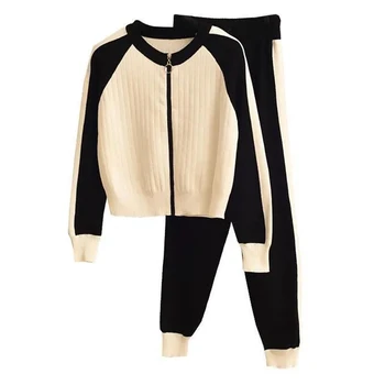 Casual Cu Fermoar Cardigan Tricotate, Topuri Scurte Și Stretch Knit Sweatpants Trening Femei Cu Dungi Mozaic Slim 2 Seturi De Piese