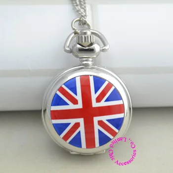 En-gros de limba engleză în anglia marea britanie UK flag ceas de buzunar femei lady fată colier argint moda antibrittle email oglindă