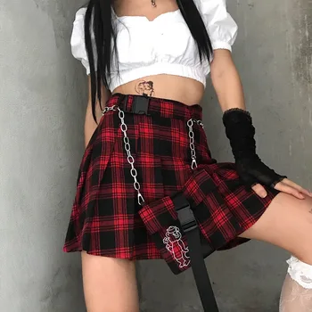 Harajuku Fusta Carouri Femei Japoneze Jk Talie Mare, cu Lanț de Buzunar Fusta Mini de Vară Streetwear Goth Punk Roșu Fuste Plisate