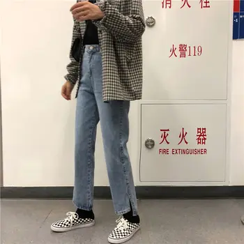Blugi drepte Femei Vintage Harajuku Simplu All-meci Stil BF Chic Strada Femei Denim Pantaloni Buzunare Albite de Talie Mare