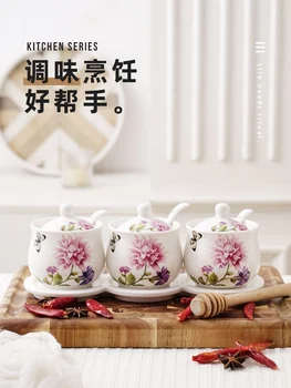 3PCS/SET Ceramic Condimente Cutii Bucătărie Recipient Tradițională Chineză Spice Borcan de Stocare Poate Cu Lingura si Raft