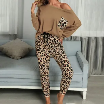 2020 Leopard Homewear Costume Femei Toamna Camasi Casual Cordon Pantaloni De Trening Lounge Purta Moda Seturi De Pijama Elastic Sleepwear