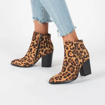 2020 Western Clasic Cizme de Cowboy pentru Femei cu fermoar Leopard piele de Căprioară de Înaltă Tocuri Fermiera Botine Casual Glezna botas Pantofi
