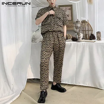 INCERUN Moda Leopard de Imprimare Bărbați Seturi Maneci Scurte Streetwear 2021 Tricouri Pantaloni Casual Petrecere Șic Buzunare Bărbați Costum 2 Piese Set