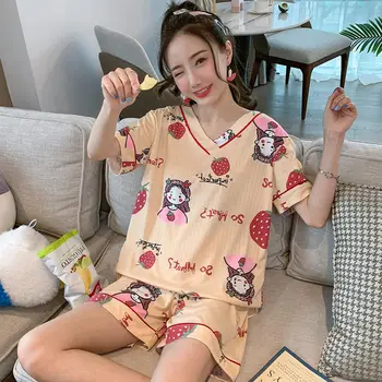 Pijama Seturi Pentru Femei De Vânzare Fierbinte Kawaii Tipărite Ulzzang La Modă Vara Maneca Scurta Fete Pijamale Minunat Moale V-Neck Pentru Femei Îmbrăcăminte De Noapte