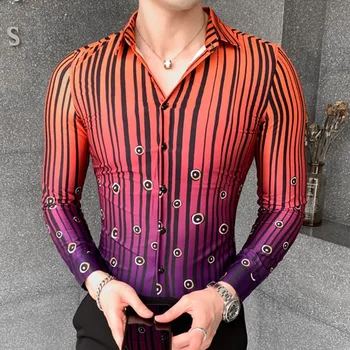 Coreeană Mozaic Camasa Barbati Maneca Lunga Slim Fit Casual Dress Shirt 2020 Primavara-Vara Club Sociale Smoching Îmbrăcăminte Combinezon Homme