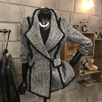 Temperament gri de toamnă și de iarnă pentru femei nou rever slim jacket ciucure carouri lână de înaltă calitate haină de lână femei de haină de lână