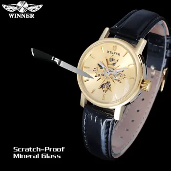2017 CÂȘTIGĂTOR faimosul brand femei ceasuri de lux automatic self-wind ceas schelet cadrane de sticlă transparentă de aur caz din piele trupa