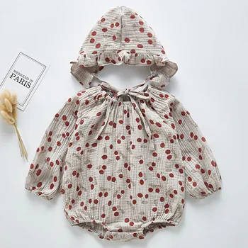 Toamna Baby Body Fete Maneca Lunga Cherry Imprimare Moale De Bumbac Salopeta Si Caciula Costum De Bumbac Pentru Copii Haine De Fata