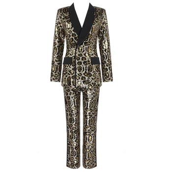 2020 Nou Sexy Leopard Costum Fierbinte Paiete Impodobita Două Bucăți Seturi Guler de Turn-down Mâneci Lungi Celebrity Party Pantaloni de Costum