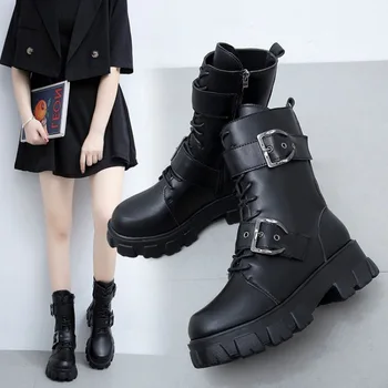 Fujin femei cizme de echitatie motocicleta negru punk de înaltă calitate din piele catarama zip dantelă cizme glezna pantofi platforma indesata adidași