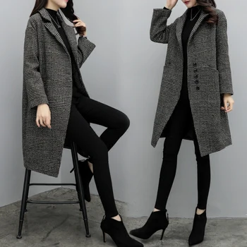 Toamna și iarna nou versiunea coreeană a fost subțire în secțiune lungă de lână carouri haina de moda de sex feminin drept haină de lână