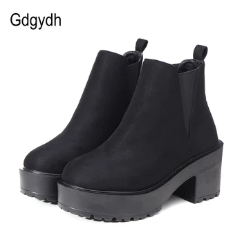 Gdgydh 2021 Primăvară Cădea Stol de Femei Glezna Cizme Rotund Toe Pătrat cu Toc Înalt Pantofi de sex Feminin, Platforma Slip-on Black pentru femei Cizme pentru Femei