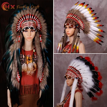 Indian cu Pene frizură manual pene costume nativ pene frizură război capota indian pălărie cu pene