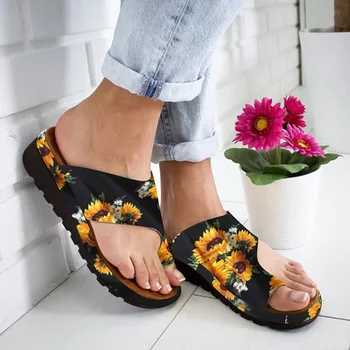 Femei Plus Dimensiune Papuci De Cusut Galben Floarea-Soarelui Flori Imprimate Lamele De Vara Pentru Femeie Tocuri Joase Pantofi De Moda De Îmbrăcăminte De Plajă