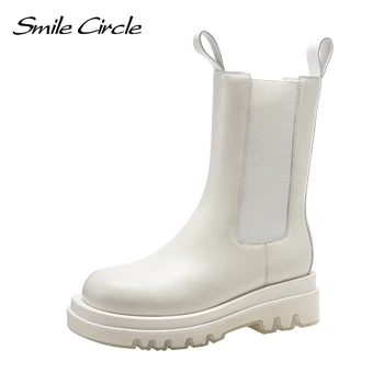 Zâmbet Cerc Toamna Slip-on Chelsea Cizme Femei Reale de Vacă din Piele de moda Rotund-deget de la picior Plat Platforma Cizme albe pantofi Doamnelor