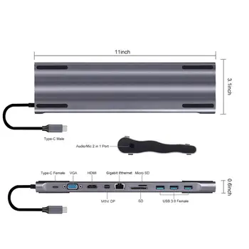 11in1 C HUB USB Tip C la Multi USB3.0 Dock Pentru 4K HDMI VGA Adapter RJ45 Lan Ethernet TF SD Reader Pentru Macbook Pro Huawei Mate 30
