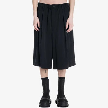 Negru vrac trunchiate pantaloni bărbați simplu Japoneză retro avant-garde la modă larg picioare, genunchi-lungime pantaloni drepte