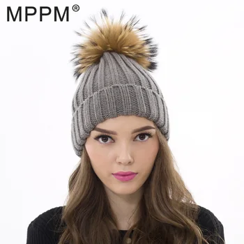 MPPM Real Caciula de Blana Tricotate Real Raton Mare Pom Pom Hat Femei Pălărie de Iarnă pentru femei fata modelului lână pălărie tricotate de bumbac căciuli capac