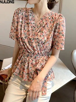NIJIUDING 2020 Nou Casual de Vara Tricouri Femei V-Neck Butonul Crop Dantela in Talie Top Femei cu Maneci Scurte Florale Imprimare Bluza
