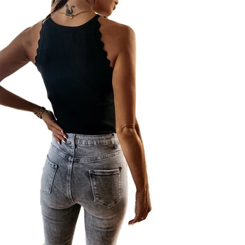 Moda pentru femei Culoare Solidă Vesta de Top de Vară de Pe Umăr Gât Rotund Panglici fără Mâneci Casual Bottom Top