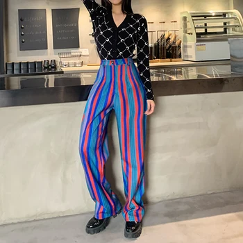 InsDoit Epocă Streetwear Stripe Print Pantaloni Chic Gotic Înaltă Talie Pantaloni Lungi Harajuku Elegante Femei Casual Pantaloni Largi